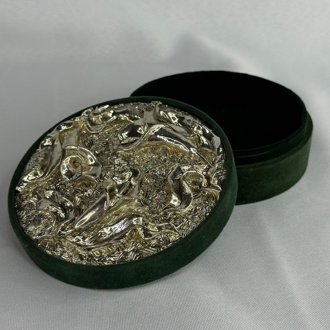 Silver Plated Jewelry Box - Circular, Emerald Green Velvet
