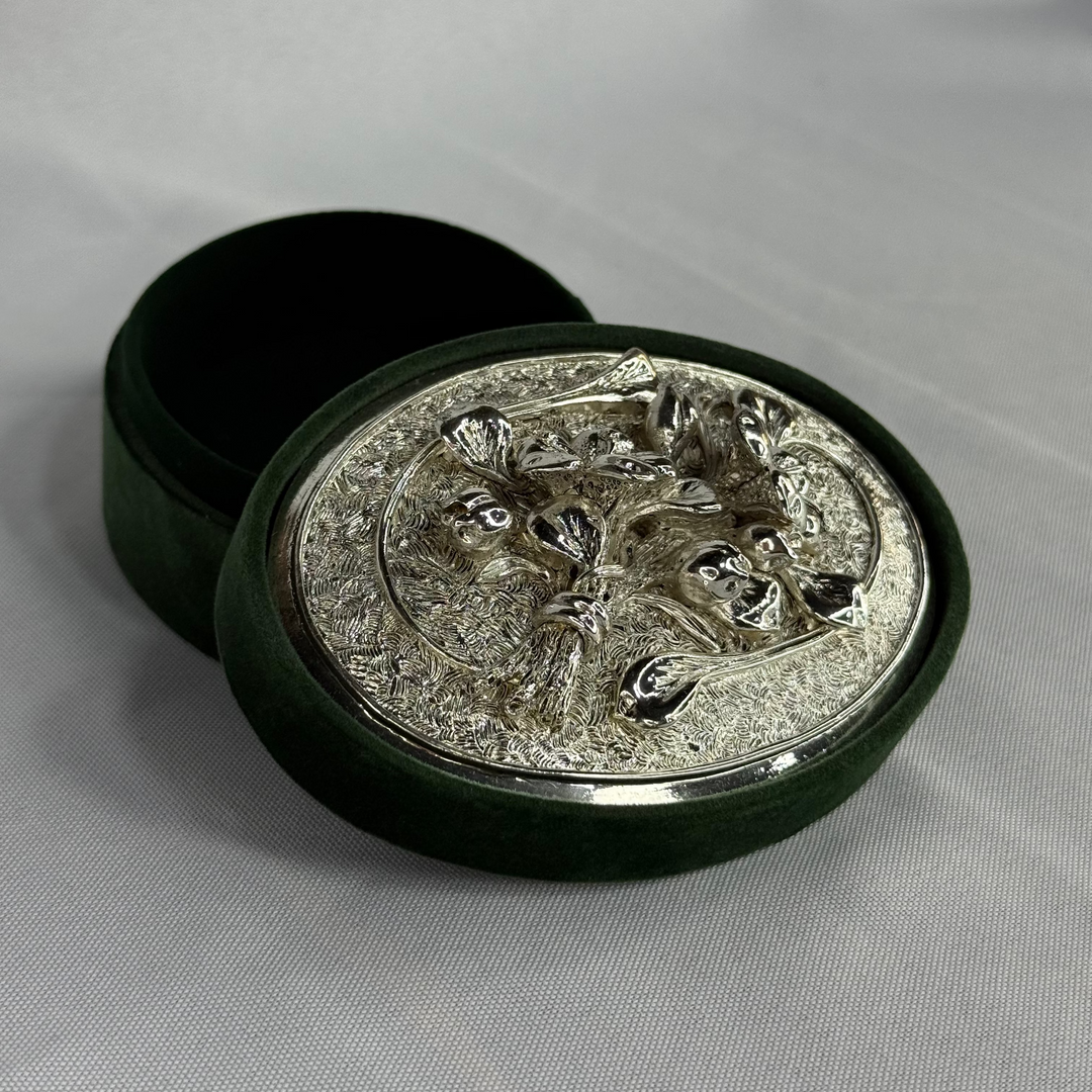 Silver Plated Jewelry Box - Oval Shape, Emerald Green Velvet