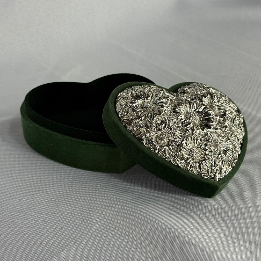Silver Plated Jewelry Box - Heart Shape, Emerald Green Velvet