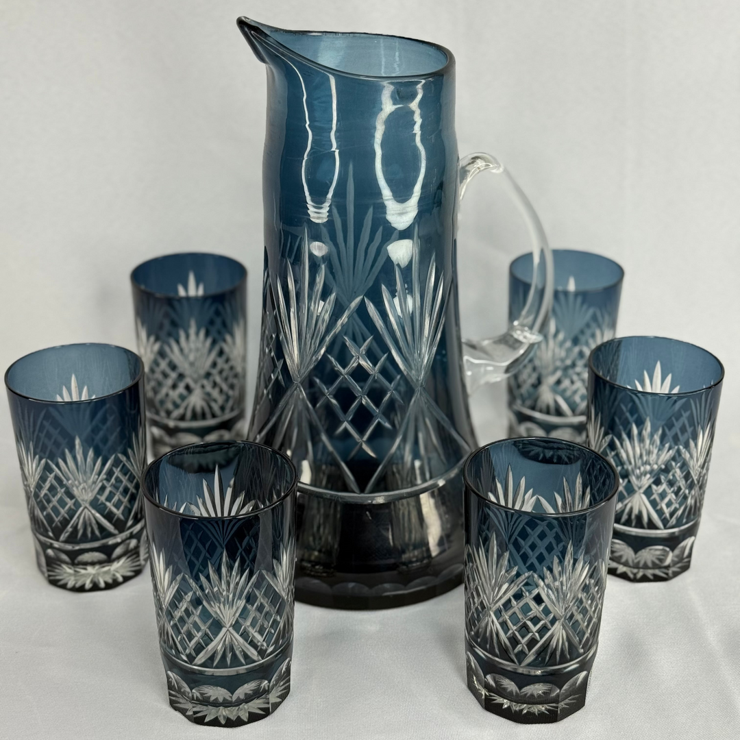 Egermann Hand-Decorated Glassware - Drink Set, Pitcher with 6 Highball Glasses