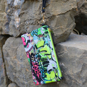 Graffiti with Black Vegan Leather and Yellow Neon Zipper
