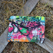 Graffiti with Black Vegan Leather and Coral Neon Zipper