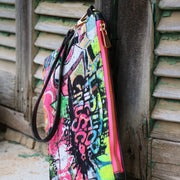 Graffiti with Black Vegan Leather and Coral Neon Zipper