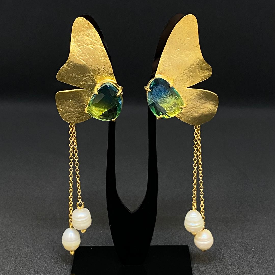 Earrings - Butterfly Halves with Blue Green Stone & Fresh Water Pearls