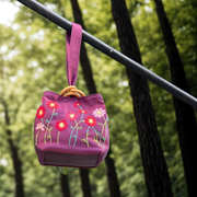 Hanoi Purse - Purple Satin, Hand-Embroidered Flowers, Purple Vegan Leather Base