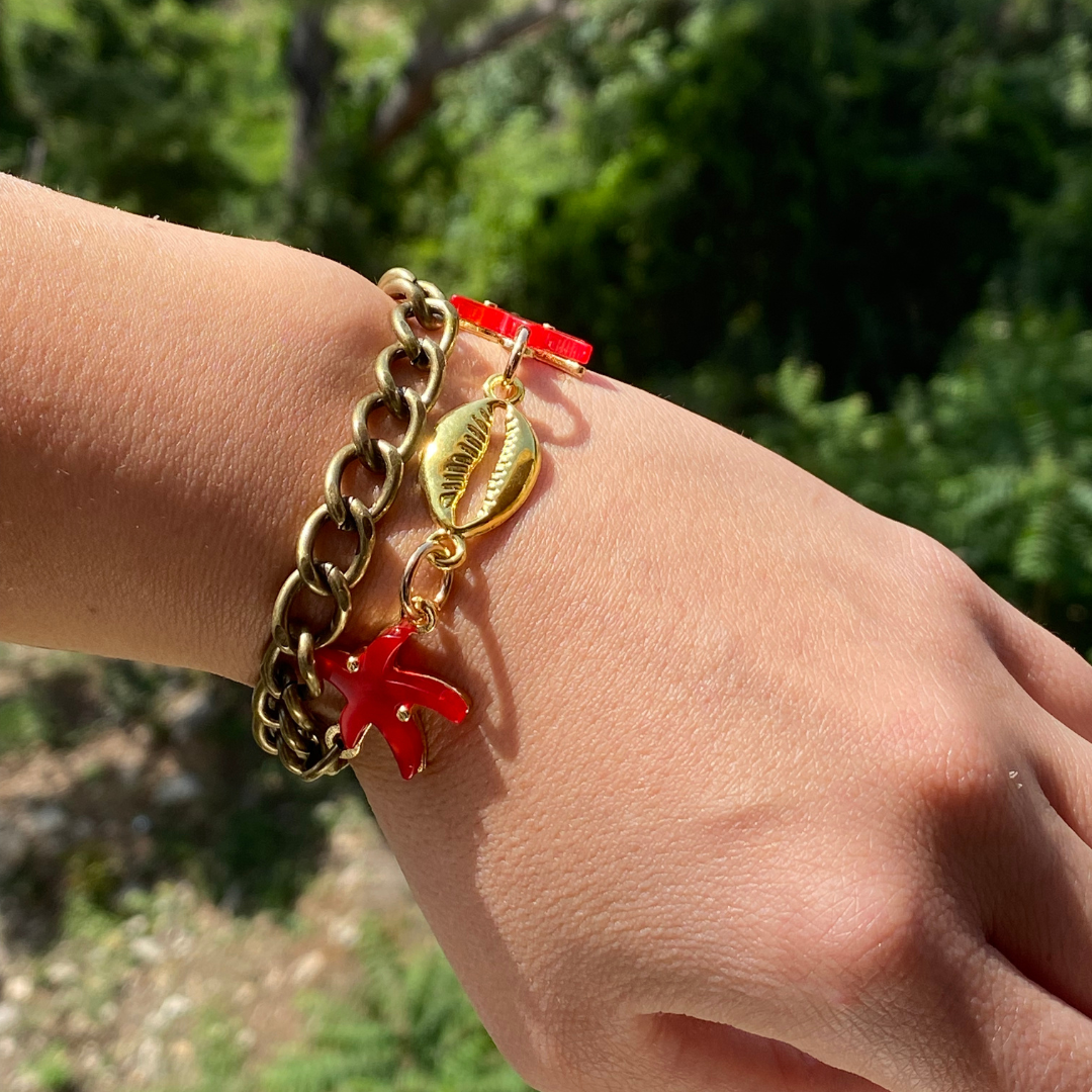 Chain Bracelet - Gold Seashells,  Red Small Starfish Stones