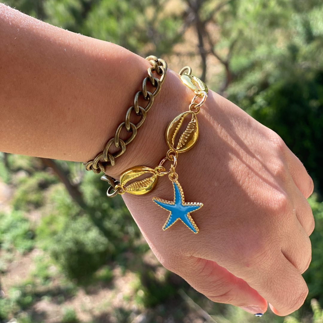 Chain Bracelet - Gold Seashells, Sky Blue Big Starfish